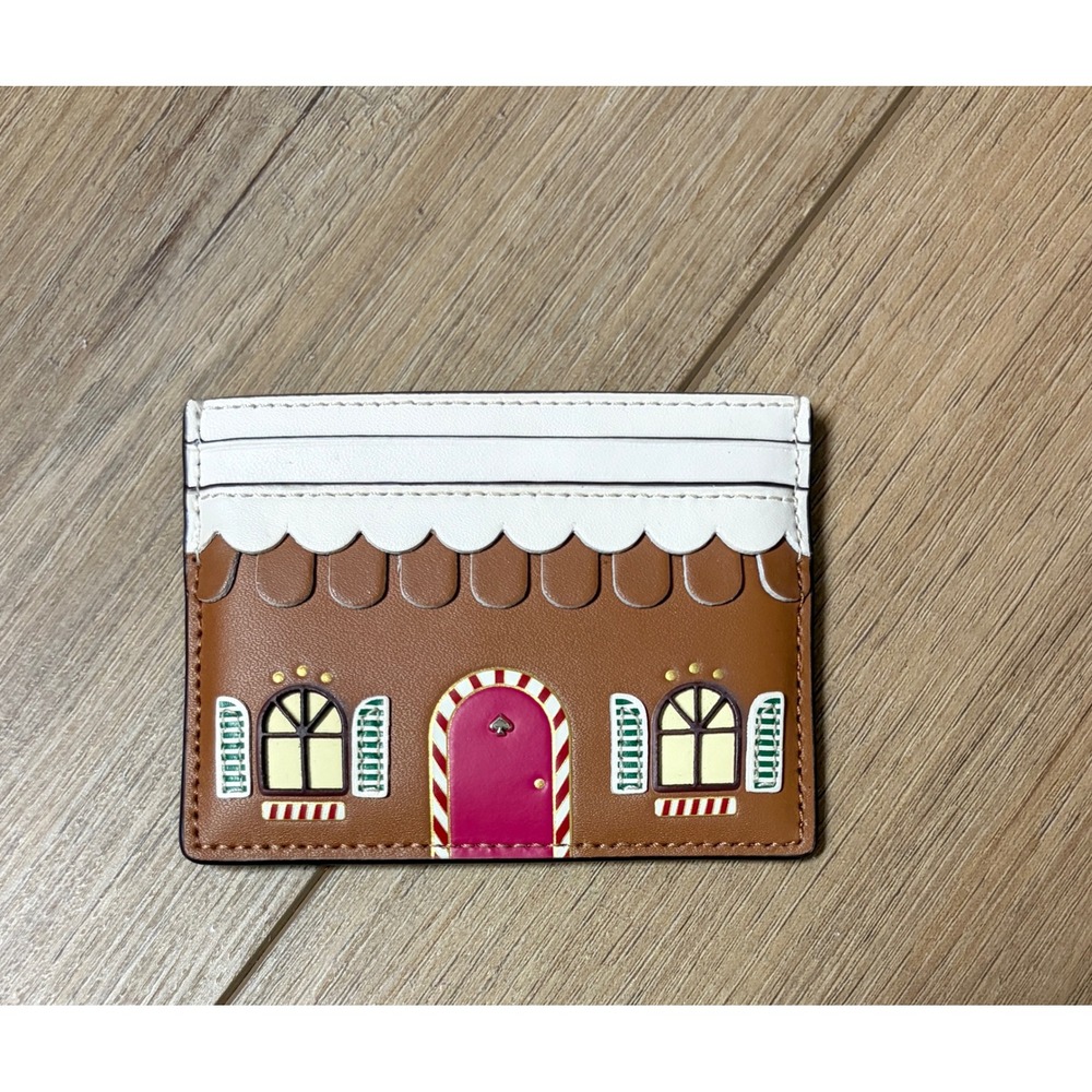 Kate Spade New York Gingerbread House Card Case Leather Wallet Brown Multi